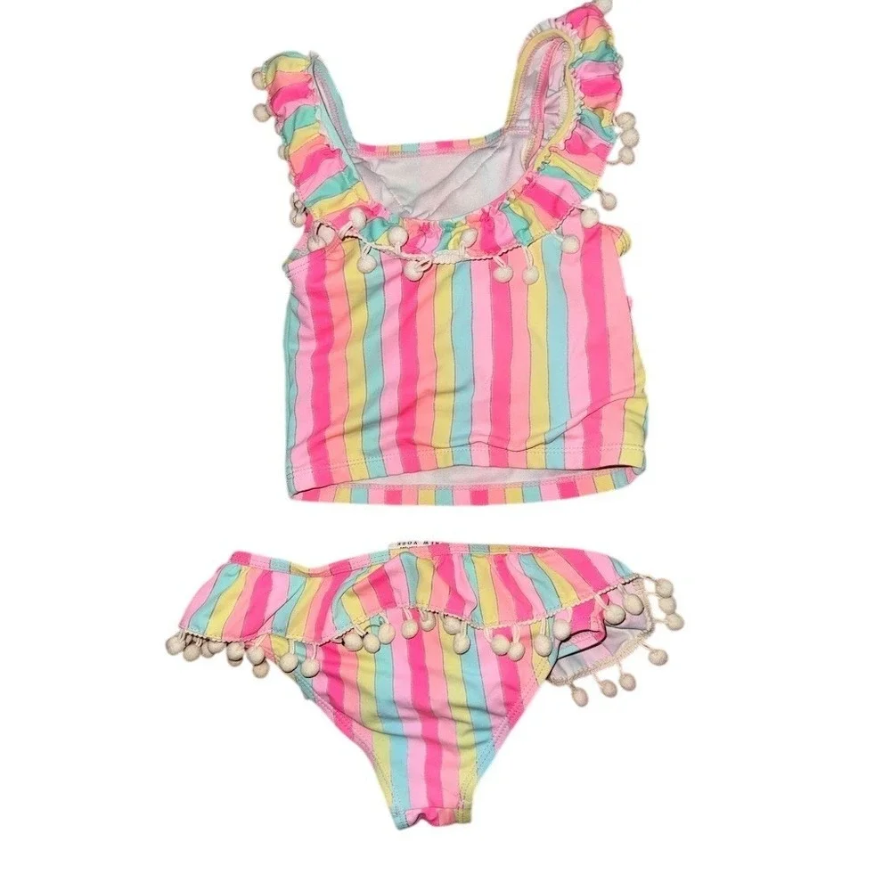 Nicole Miller New York Girls‎ Swim Set 6 Rainbow Stripe Tankini. Pom Pom fringe